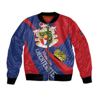 Blue and red bomber jacket with zipper, crest patch, and ribbed cuffs