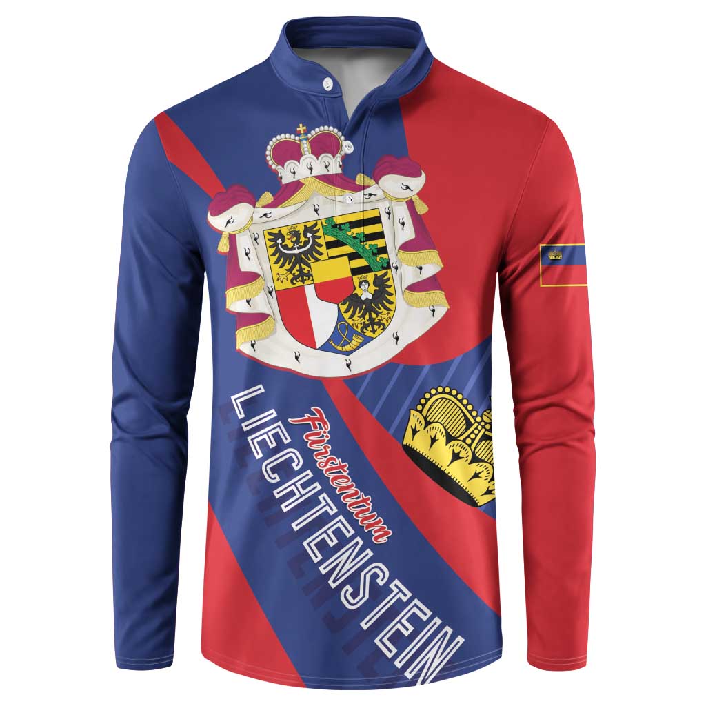 Blue and red button sweatshirt with Liechtenstein-style crest and diagonal stripe design