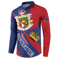 Blue and red button sweatshirt with crest emblem and diagonal stripe, long sleeves