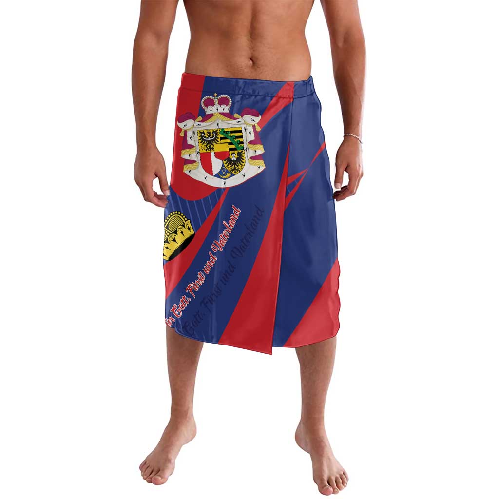 Lavalava wrap skirt, blue with red stripe and Liechtenstein crest graphic