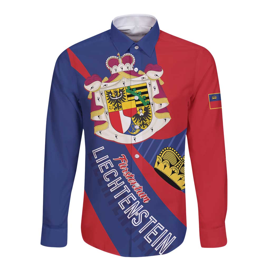 Long sleeve button shirt with Liechtenstein coat of arms graphic, blue and red