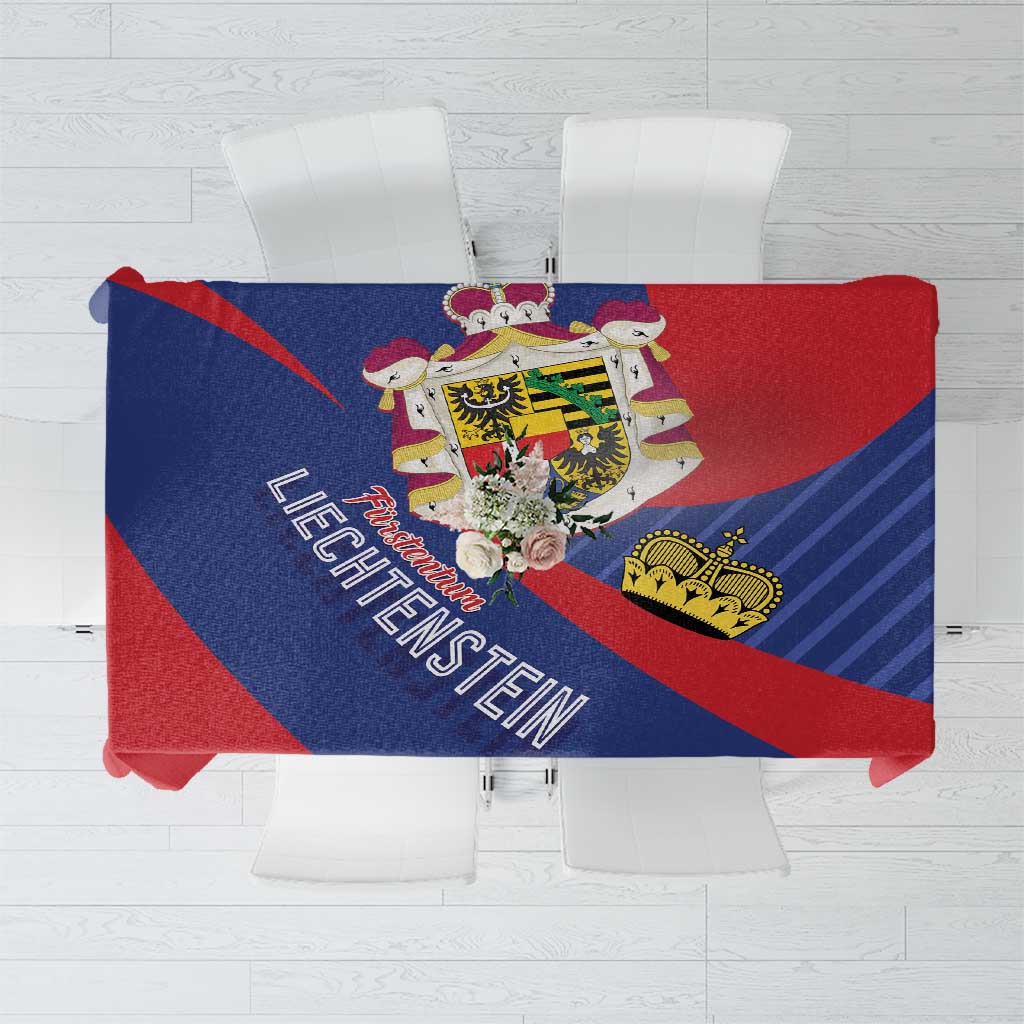 Folded Liechtenstein-themed coat of arms tablecloth, blue and red with ornate crest emblem