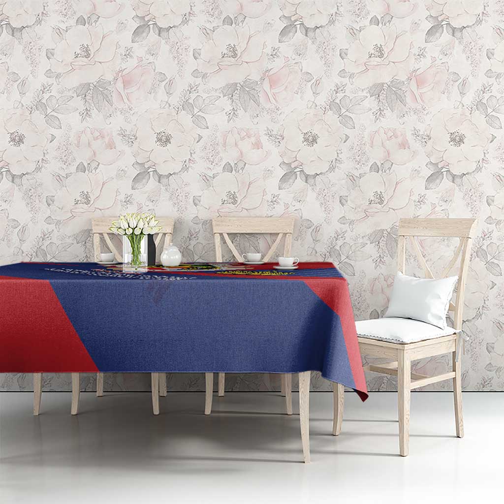Rectangular tablecloth with blue and red coat of arms motif and geometric corner panels