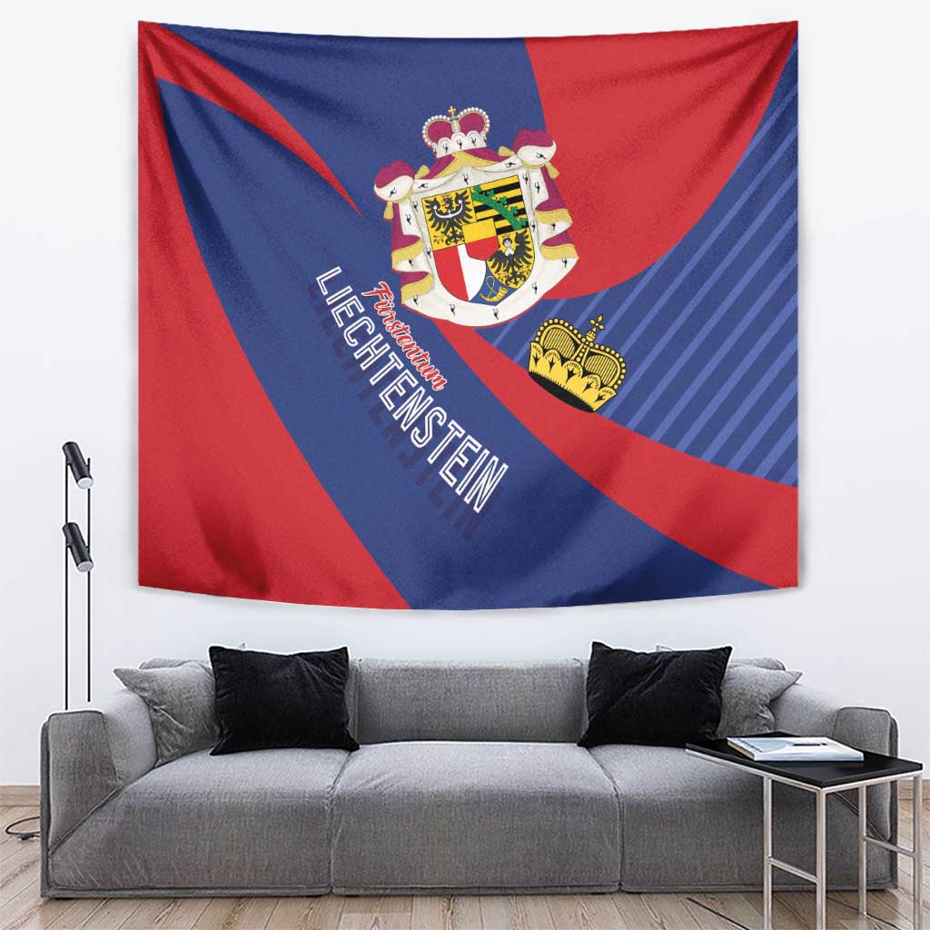 Blue and red tapestry wall hanging with coat of arms crest and crown, diagonal text