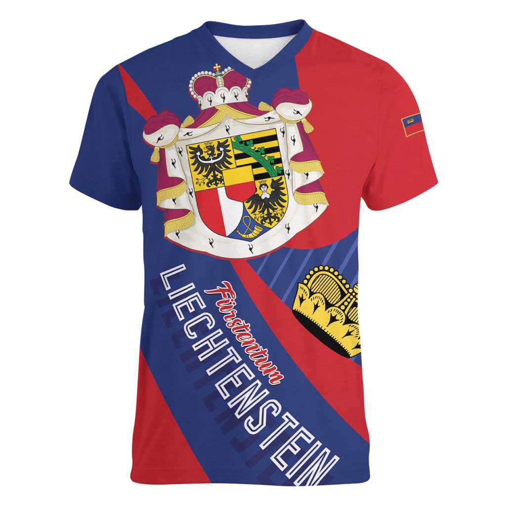 Liechtenstein Women V-Neck T-Shirt Coat Of Arms Blue Red Color - Wonder Print Shop