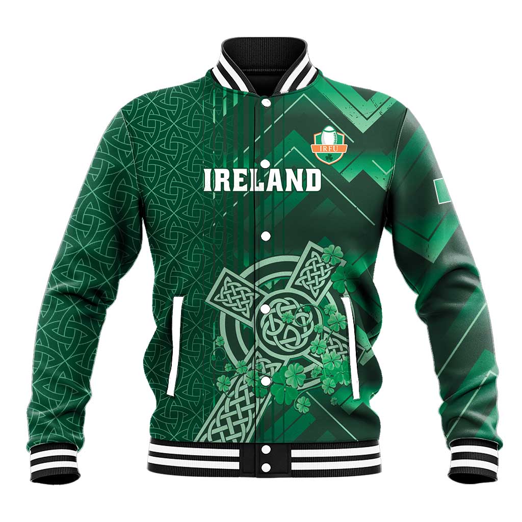Green rugby baseball jacket with striped collar, snap buttons, and Celtic cross/shamrock front