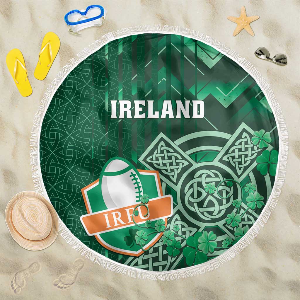 Round green beach blanket with white fringe, Ireland text and shamrock Celtic knot print