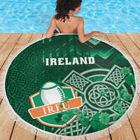 Round green beach blanket with white fringe, Ireland print and shamrock Celtic knot pattern