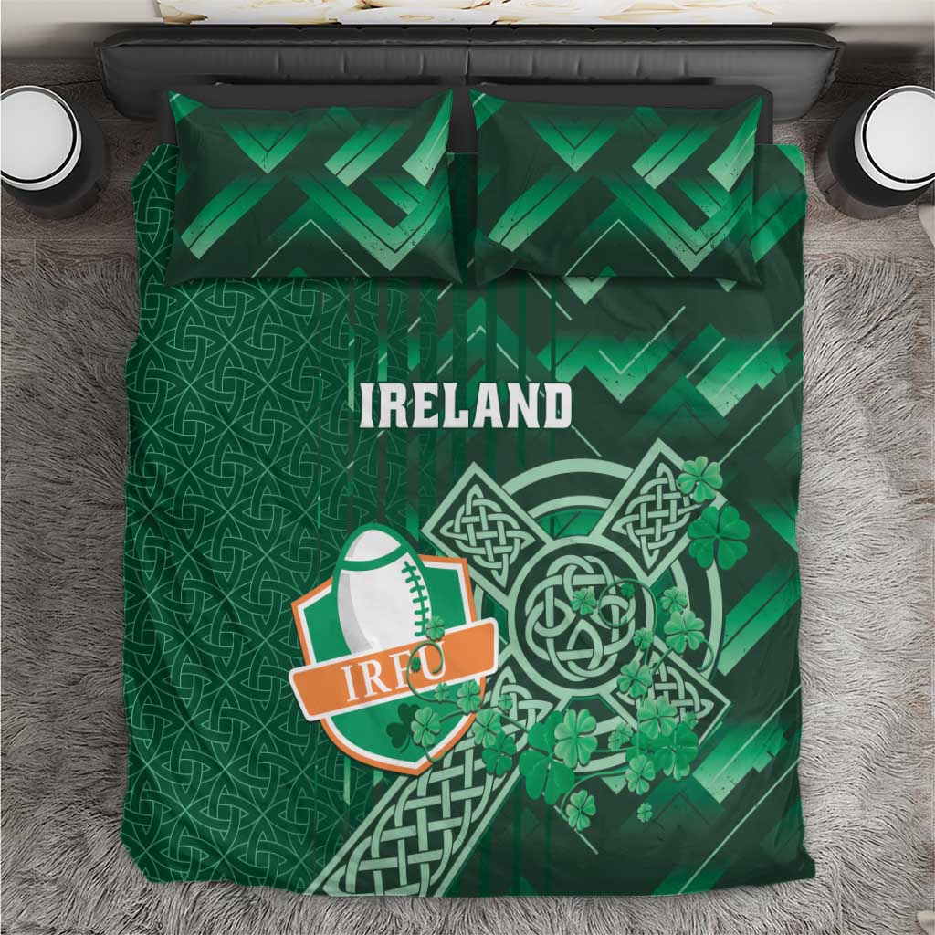 Green Ireland rugby bedding set with IRFU logo, shamrock and Celtic knot patterns, with pillow cases