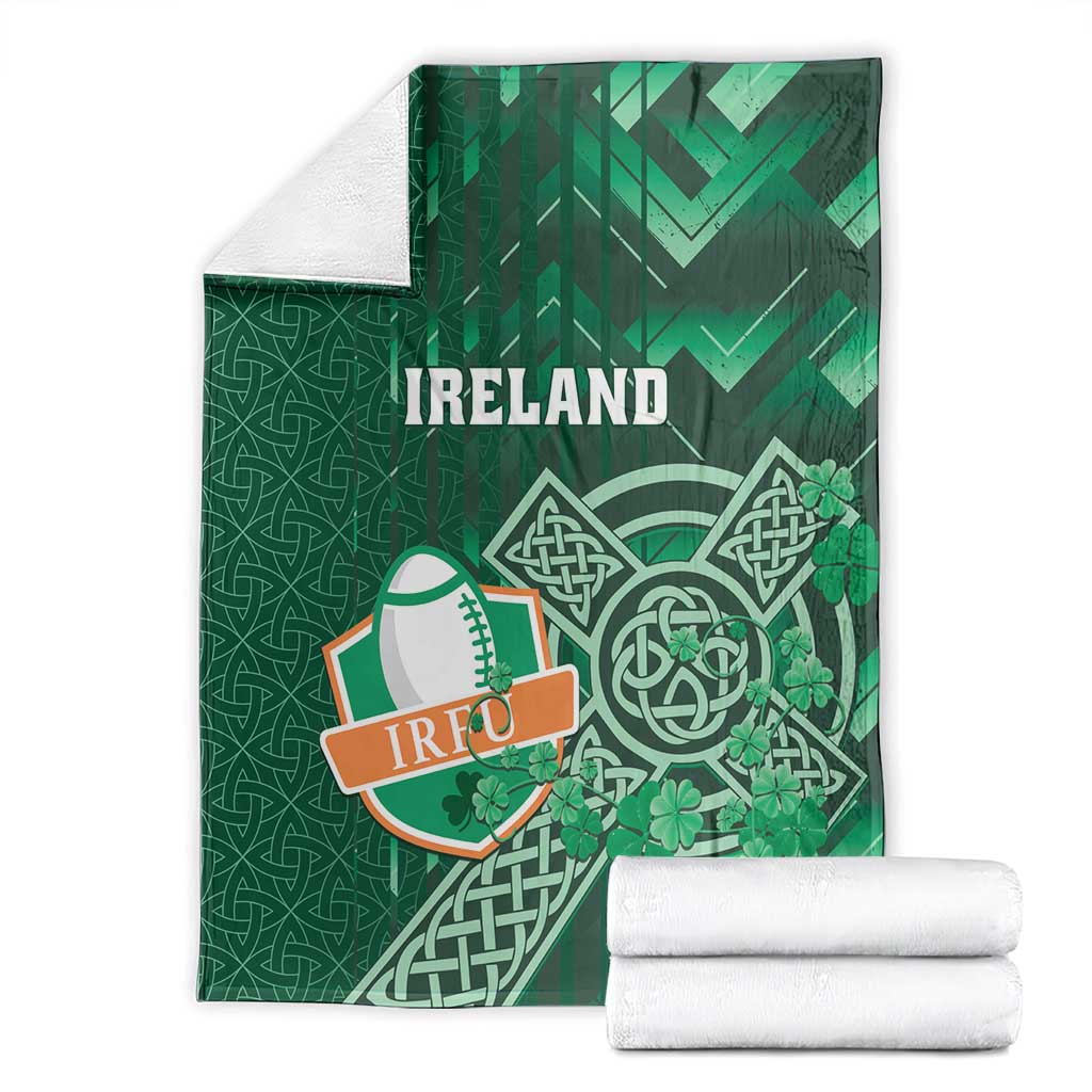 Green Ireland rugby blanket with Ireland text, Celtic cross and shamrock motif on background