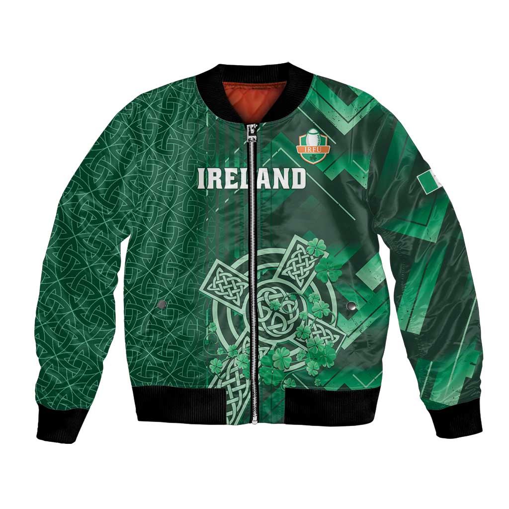 Unisex green rugby bomber jacket with full-zip and Celtic shamrock graphic on front