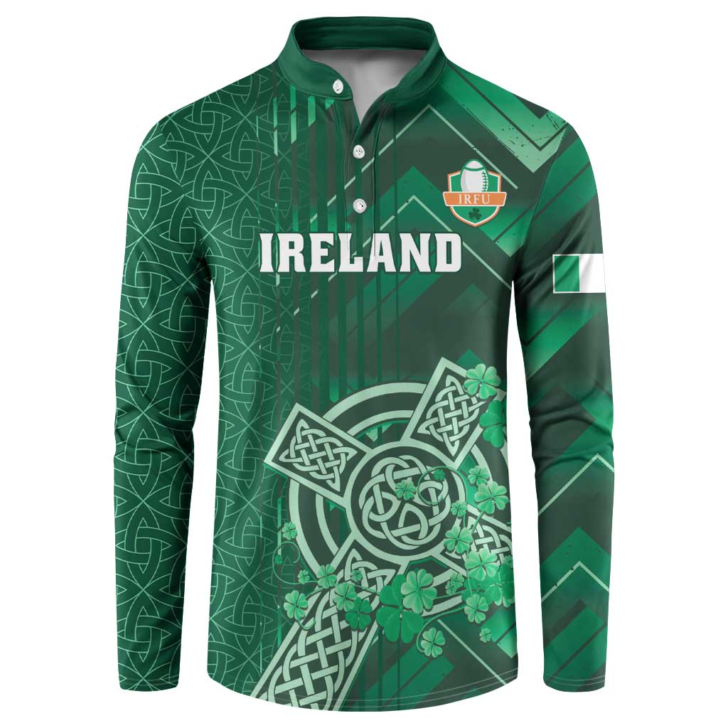 Green Ireland button rugby sweatshirt with Celtic cross and clover graphics