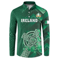 Green Ireland button rugby sweatshirt with Celtic cross and clover graphics