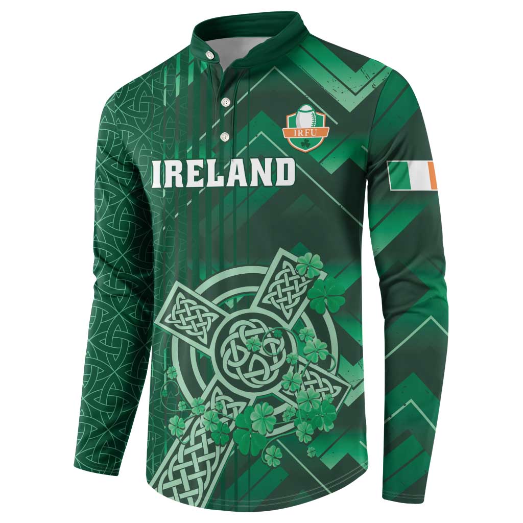 Green Ireland button rugby sweatshirt with crest, Ireland text, and clover knot graphic