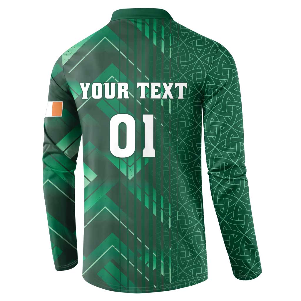 Green rugby sweatshirt back with geometric pattern and 'YOUR TEXT 01' print