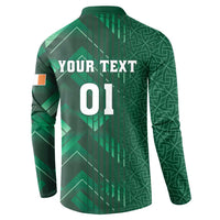 Green rugby sweatshirt back with geometric pattern and 'YOUR TEXT 01' print