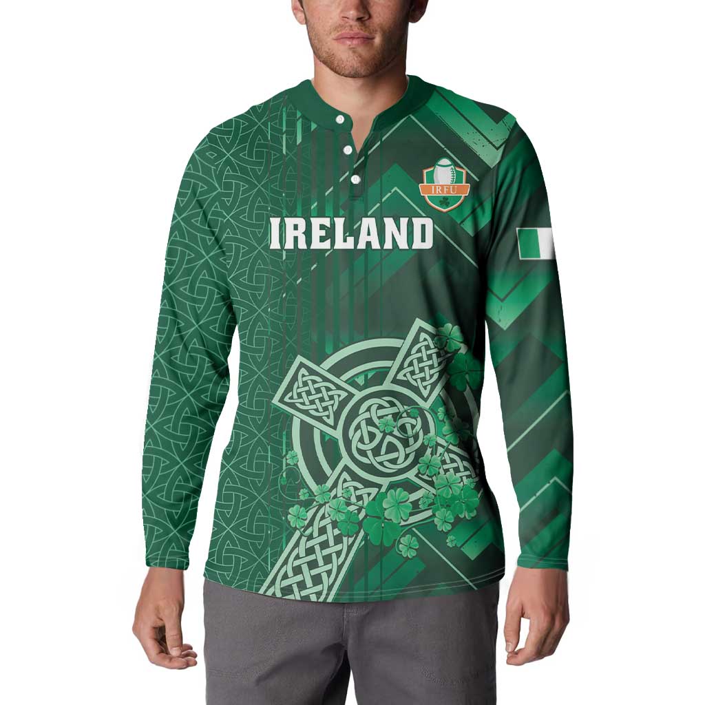Green Ireland button rugby sweatshirt with front crest, Ireland text, and clover emblem