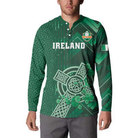 Green Ireland button rugby sweatshirt with front crest, Ireland text, and clover emblem