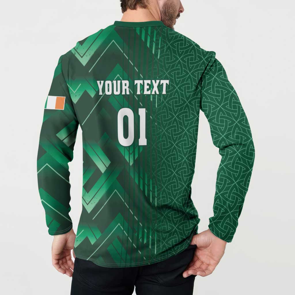 Green rugby sweatshirt back with geometric chevrons and 'YOUR TEXT 01' center print