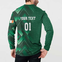 Green rugby sweatshirt back with geometric chevrons and 'YOUR TEXT 01' center print