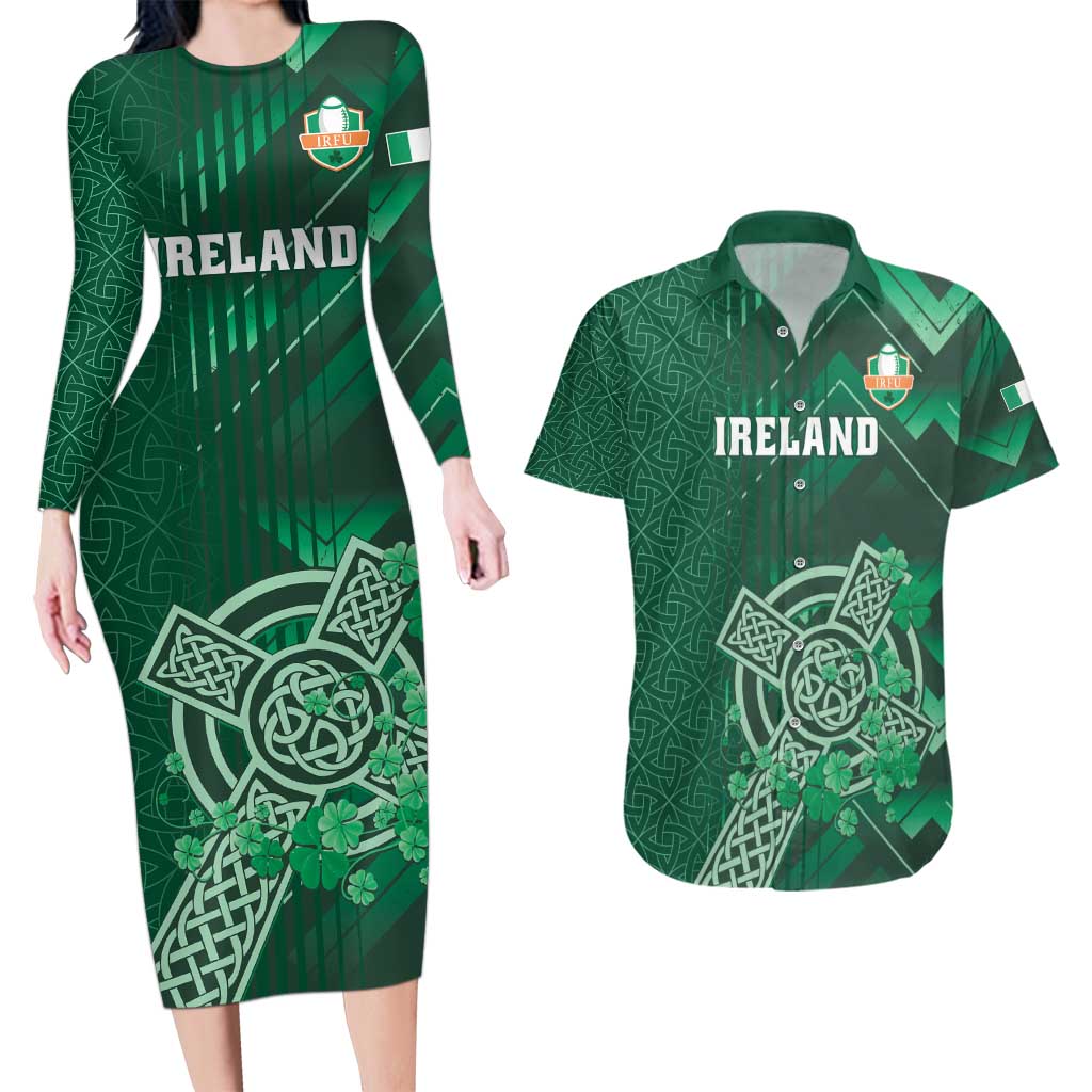 Ireland 2024 Rugby Couples Matching Long Sleeve Bodycon Dress and Hawaiian Shirt Irish Shamrock Celtic Cross - Wonder Print Shop