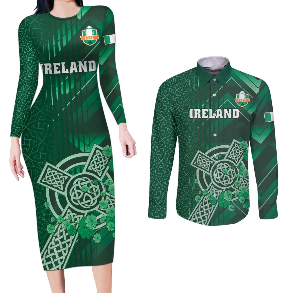 Ireland 2024 Rugby Couples Matching Long Sleeve Bodycon Dress and Long Sleeve Button Shirt Irish Shamrock Celtic Cross - Wonder Print Shop