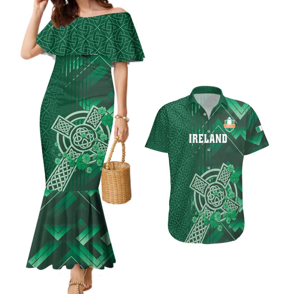 Ireland 2024 Rugby Couples Matching Mermaid Dress and Hawaiian Shirt Irish Shamrock Celtic Cross - Wonder Print Shop