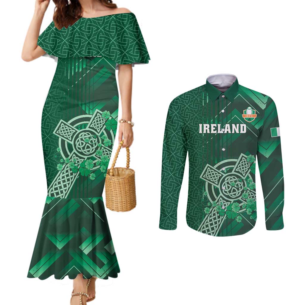 Ireland 2024 Rugby Couples Matching Mermaid Dress and Long Sleeve Button Shirt Irish Shamrock Celtic Cross