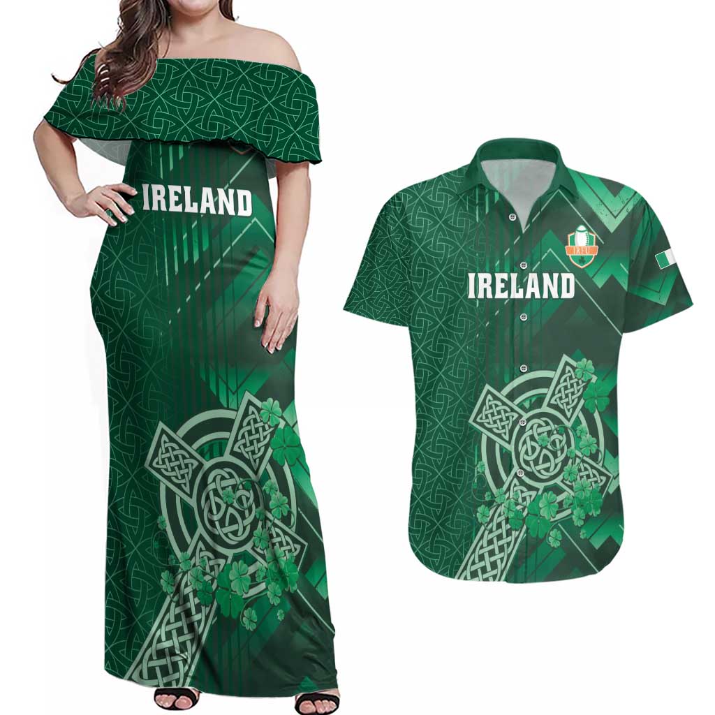 Ireland 2024 Rugby Couples Matching Off Shoulder Maxi Dress and Hawaiian Shirt Irish Shamrock Celtic Cross - Wonder Print Shop