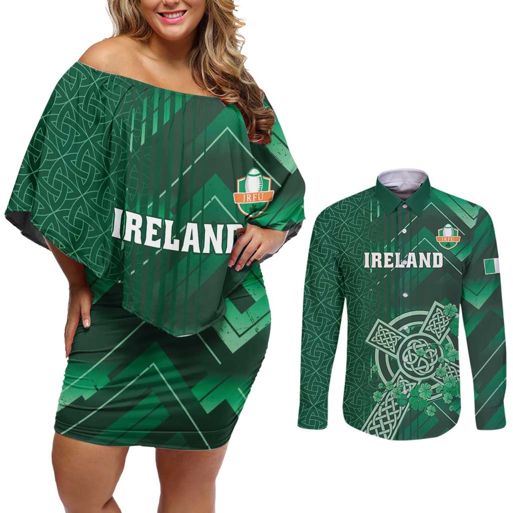 Ireland 2024 Rugby Couples Matching Off Shoulder Short Dress and Long Sleeve Button Shirt Irish Shamrock Celtic Cross - Wonder Print Shop