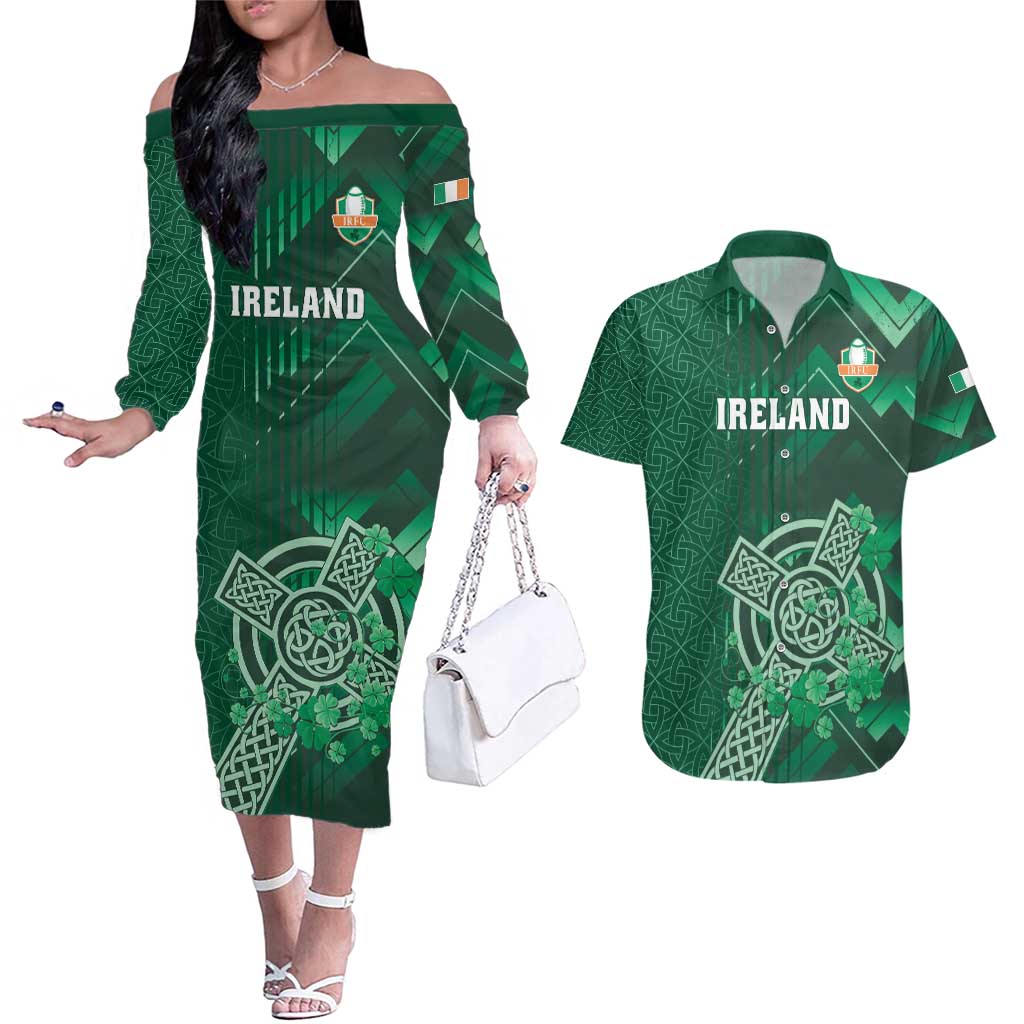 Ireland 2024 Rugby Couples Matching Off The Shoulder Long Sleeve Dress and Hawaiian Shirt Irish Shamrock Celtic Cross - Wonder Print Shop