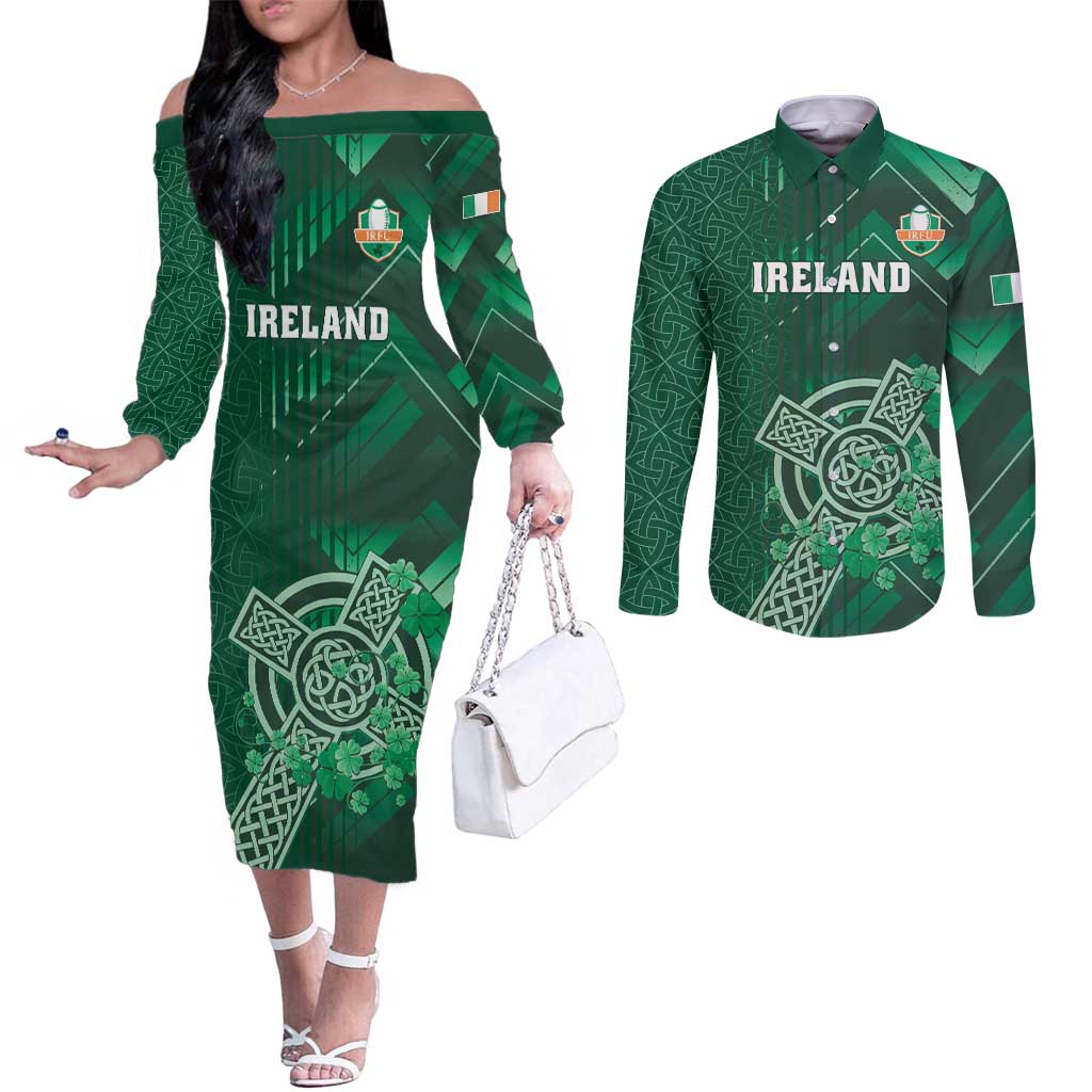 Ireland 2024 Rugby Couples Matching Off The Shoulder Long Sleeve Dress and Long Sleeve Button Shirt Irish Shamrock Celtic Cross