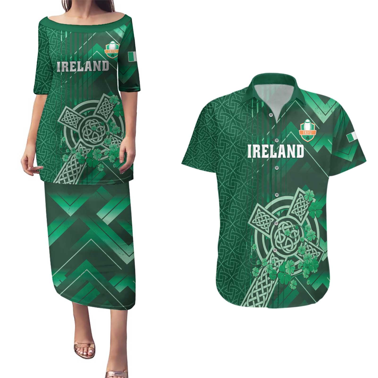 Ireland 2024 Rugby Couples Matching Puletasi and Hawaiian Shirt Irish Shamrock Celtic Cross - Wonder Print Shop