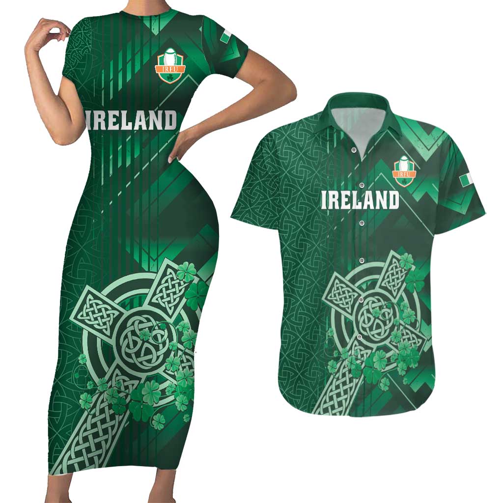 Ireland 2024 Rugby Couples Matching Short Sleeve Bodycon Dress and Hawaiian Shirt Irish Shamrock Celtic Cross - Wonder Print Shop