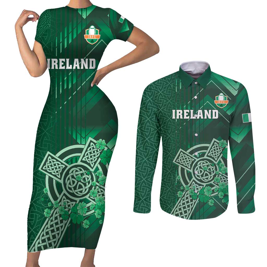 Ireland 2024 Rugby Couples Matching Short Sleeve Bodycon Dress and Long Sleeve Button Shirt Irish Shamrock Celtic Cross - Wonder Print Shop