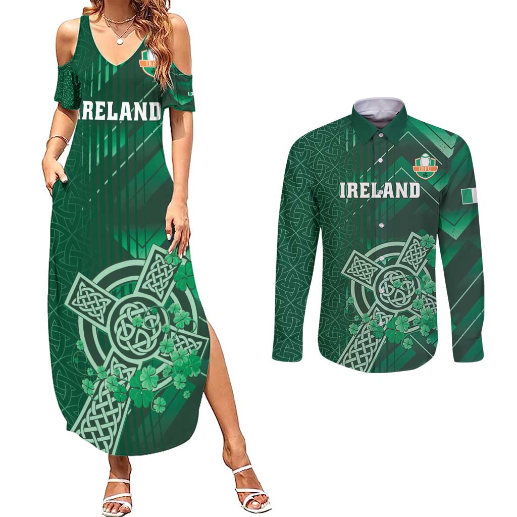 Ireland 2024 Rugby Couples Matching Summer Maxi Dress and Long Sleeve Button Shirt Irish Shamrock Celtic Cross - Wonder Print Shop