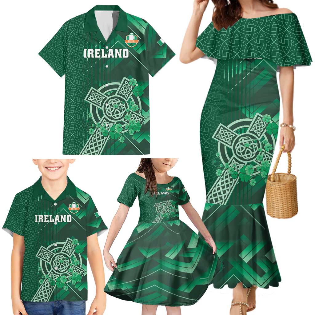 Ireland 2024 Rugby Family Matching Mermaid Dress and Hawaiian Shirt Irish Shamrock Celtic Cross - Wonder Print Shop