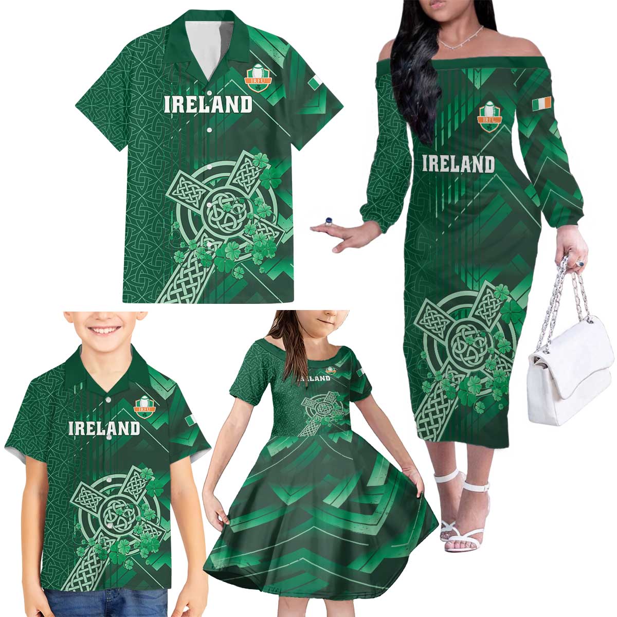 Ireland 2024 Rugby Family Matching Off The Shoulder Long Sleeve Dress and Hawaiian Shirt Irish Shamrock Celtic Cross - Wonder Print Shop