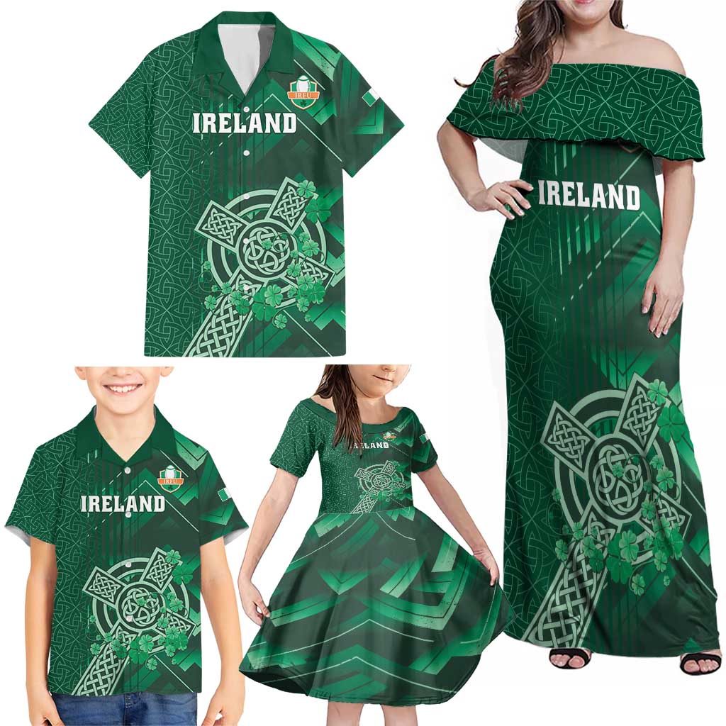 Ireland 2024 Rugby Family Matching Off Shoulder Maxi Dress and Hawaiian Shirt Irish Shamrock Celtic Cross - Wonder Print Shop