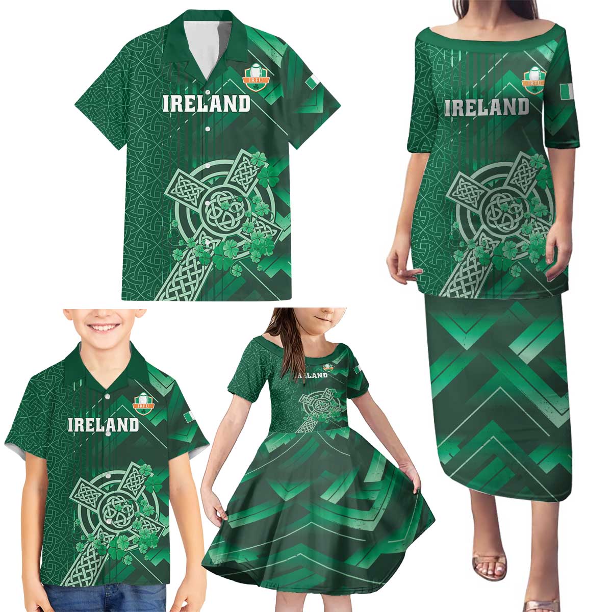 Ireland 2024 Rugby Family Matching Puletasi and Hawaiian Shirt Irish Shamrock Celtic Cross - Wonder Print Shop