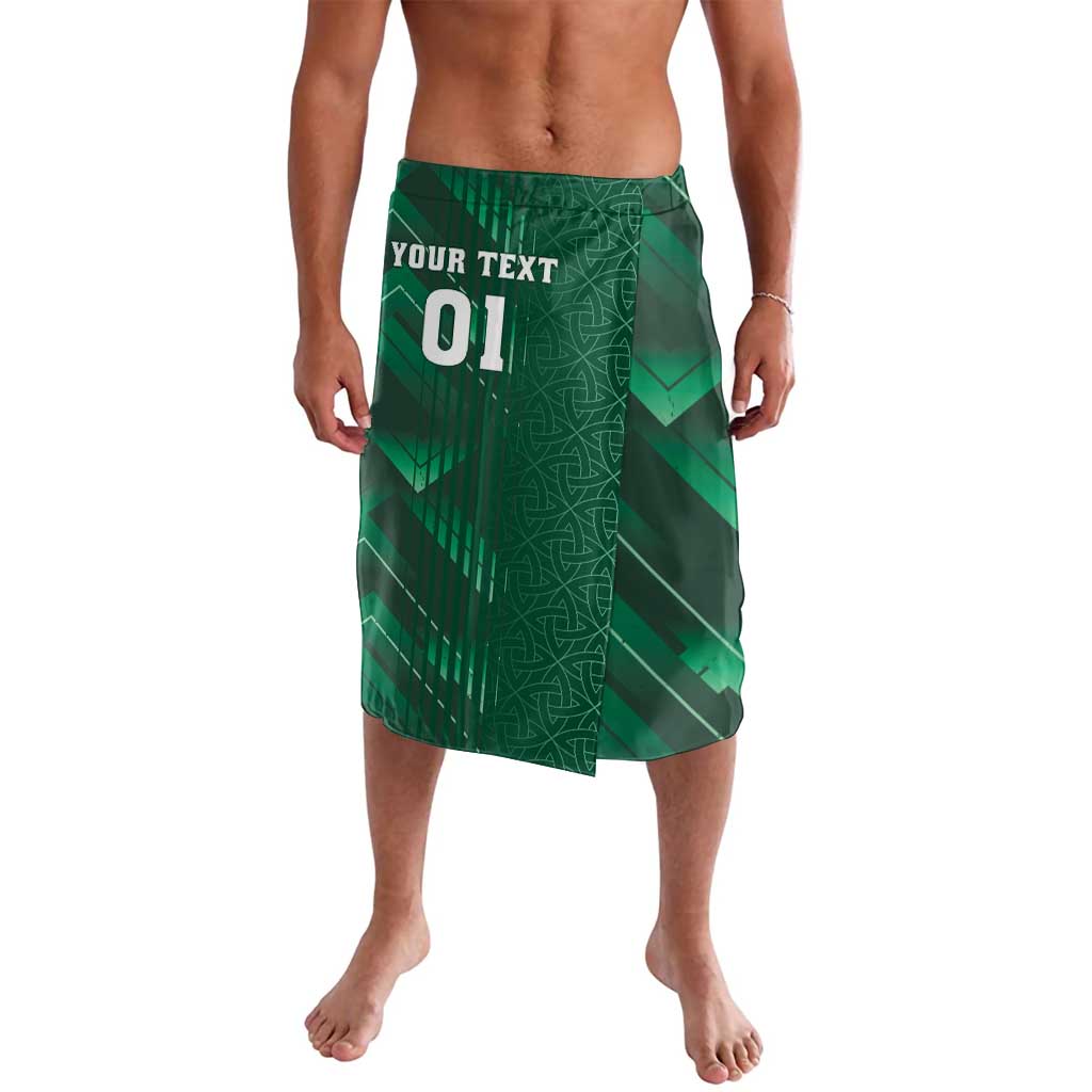 Green printed sarong wrap skirt with abstract Celtic graphics and 'YOUR TEXT 01'