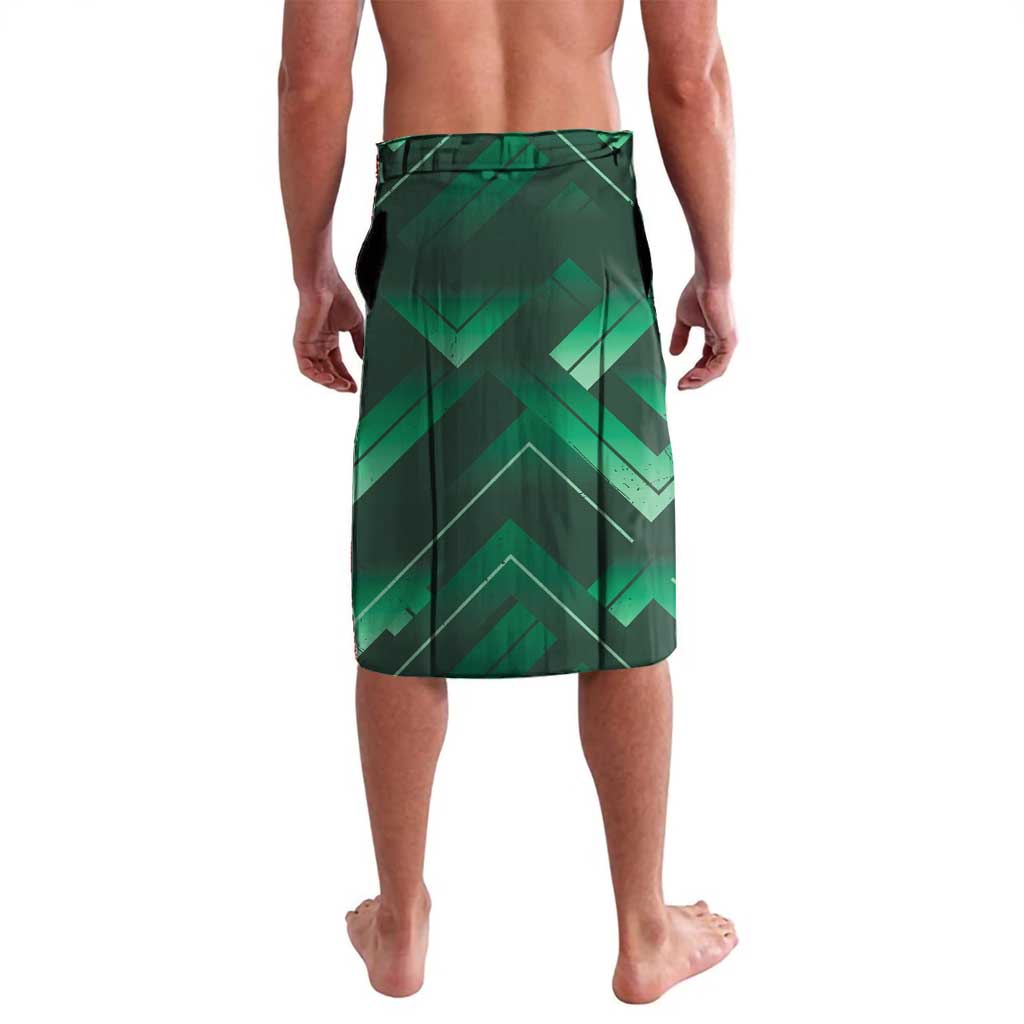 Green printed sarong wrap skirt with bold geometric chevrons and Celtic-style pattern