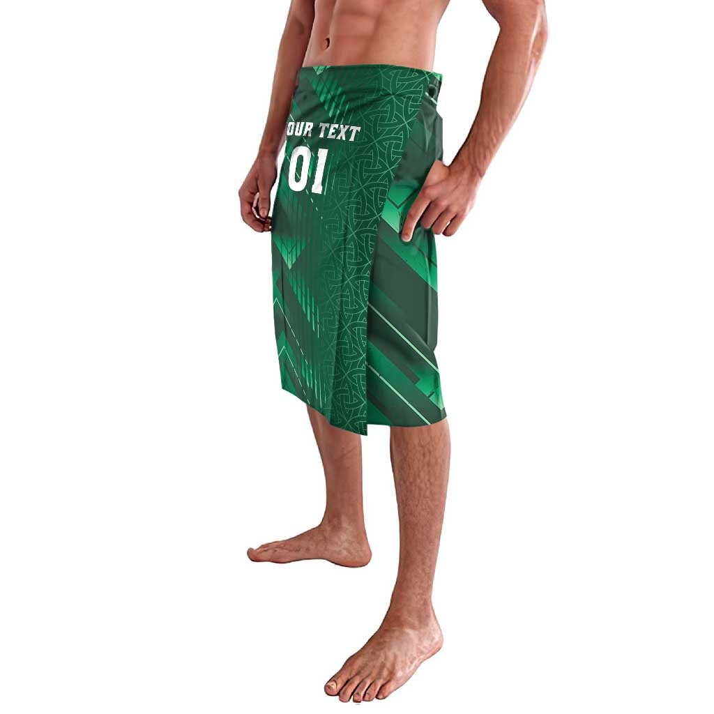 Green printed sarong wrap skirt with 'YOUR TEXT 01' front panel and diagonal motifs