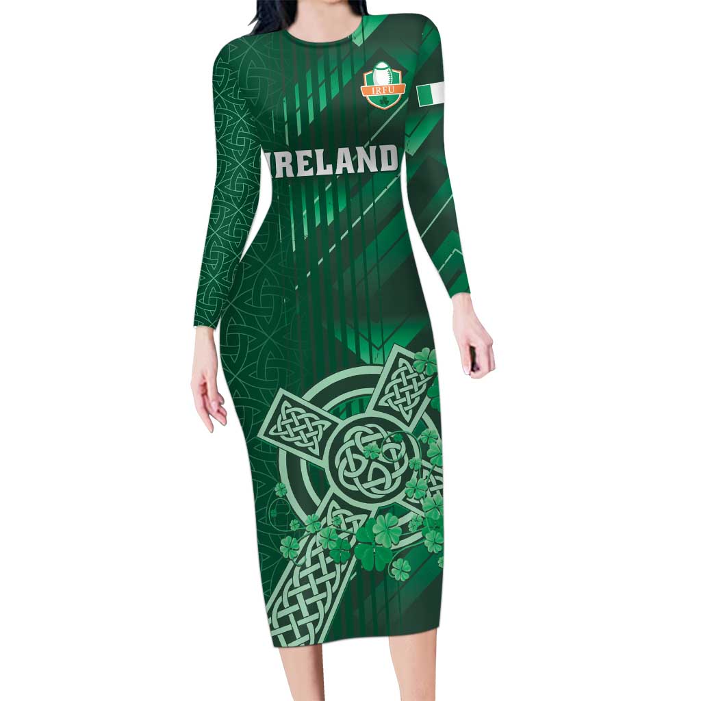 Ireland 2024 Rugby Long Sleeve Bodycon Dress Irish Shamrock Celtic Cross - Wonder Print Shop