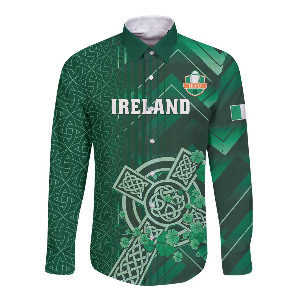 Green long-sleeve rugby button shirt with Celtic crest, shamrocks, and Ireland chest text