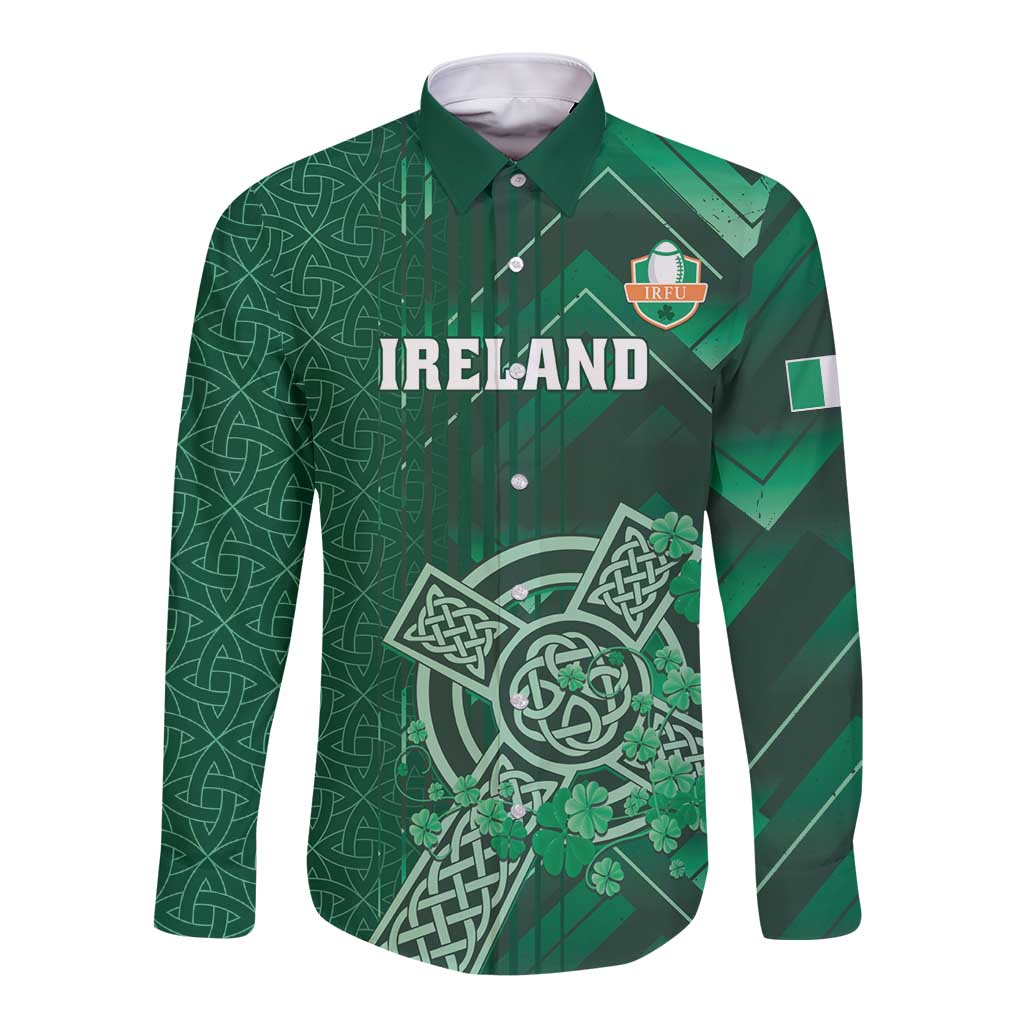 Ireland 2024 Rugby Long Sleeve Button Shirt Irish Shamrock Celtic Cross - Wonder Print Shop