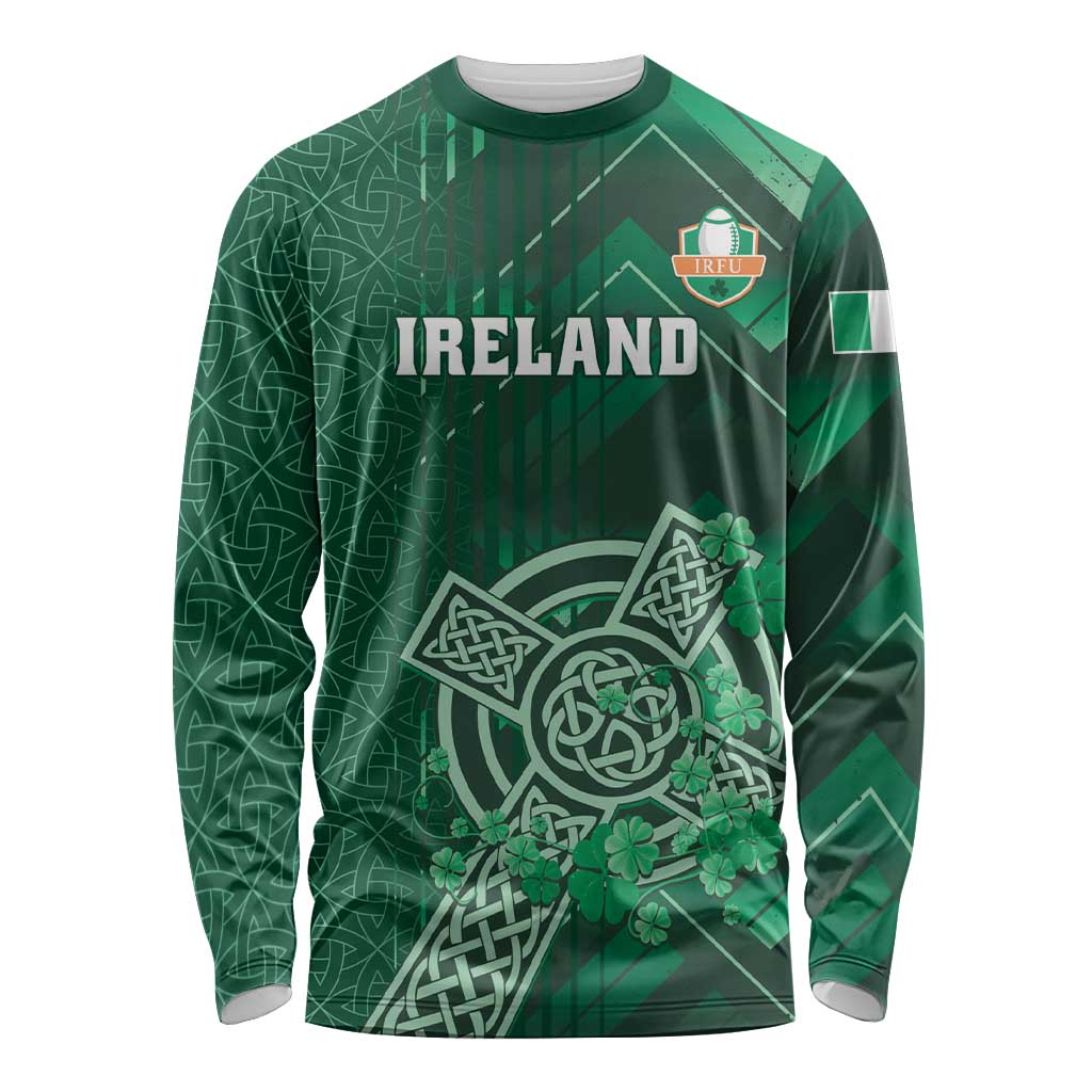 Unisex green rugby long sleeve shirt with Ireland crest and celtic shamrock graphic