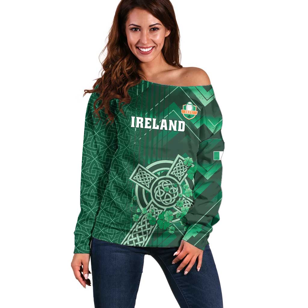 Ireland 2024 Rugby Off Shoulder Sweater Irish Shamrock Celtic Cross - Wonder Print Shop