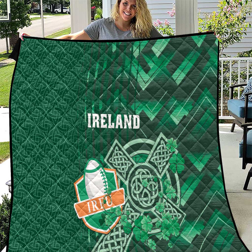 Green Ireland rugby quilt with shamrock and Celtic cross graphic, quilted pattern