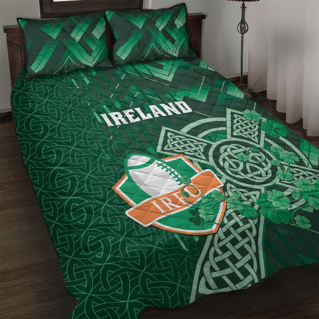 Ireland 2024 Rugby Quilt Bed Set Irish Shamrock Celtic Cross